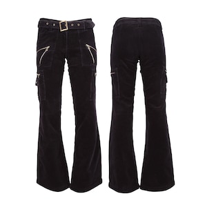 Black low-waist corduroy y2k vintage trousers with asymmetrical zippers pockets, chunky belt,  and flared legs / 2000s vintage utility jeans