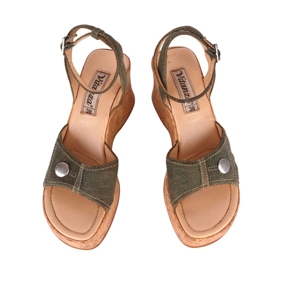 True 1990s Denim Heels With Cork Platforms / 90s sand… Gem