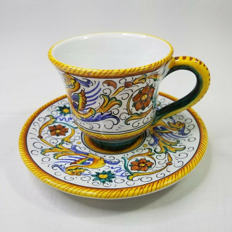 Vintage Pottery Ceramic Teacup and Saucer Hand Painted Asian Dragons Made in Italy