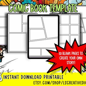 Op de afbeelding: Een digitaal stripboek-sjabloon met meerdere lege paneelindelingen op een tabletscherm. De afbeelding bevat de tekst COMIC BOOK TEMPLATE, 121 BLANK PAGES TO CREATE YOUR OWN STORY!, INSTANT DOWNLOAD PRINTABLE en ETSY.COM/SHOP/LSCREATIVEDIGITALS.