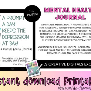 Printable Mental Health Journal | Daily Prompts for Anxiety & Self Care PDF