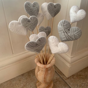 12 love heart wool wrap flowers light  grey/silver and white home Decor, bouquet wool anniversary birthday wedding unique gift