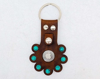 Handcrafted Flower-Shaped Leather AirTag Holder with Stone Rivet Detailing | Unique and Stylish Keychain Accessory