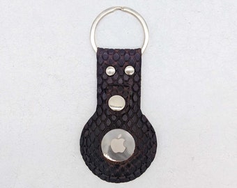 Brown Leather Apple AirTag Holder | Stylish Snake Print Embossing | Unique & Secure Keyhole Design | Keychain Accessory