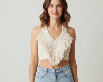 Patroon gehaakte haltertop: dames cropped top met driehoekige franje, volwassenen, XS-2XL (pdf-download)