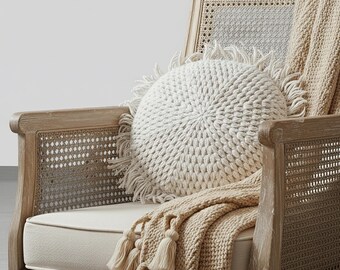 Patrón de cojín de crochet: Punto abullonado texturizado con flecos, diseño circular (Descargar PDF)