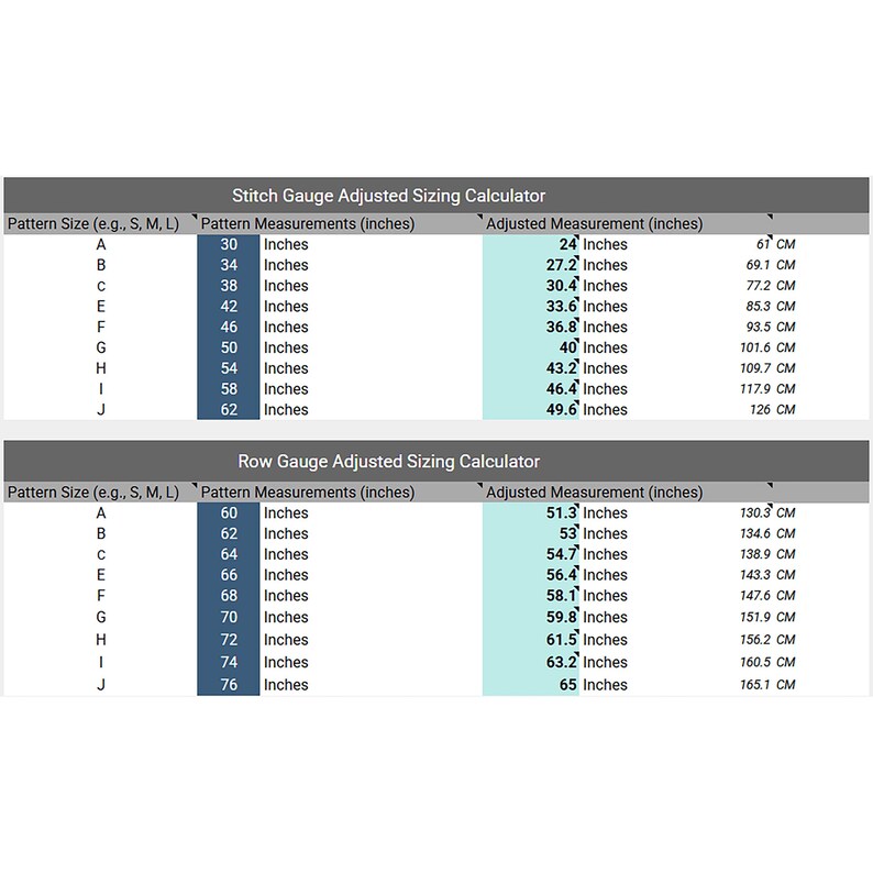 Crochet Gauge Converter spreadsheet showing stitch and row conversions.