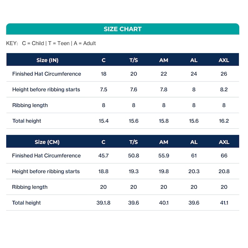 2-in-1 Balaclava crochet pattern size chart