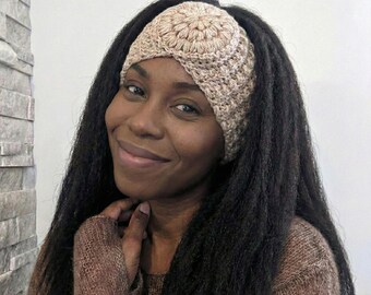 Patrón de calentador de orejas de crochet: diadema con textura y motivo circular de punto abullonado (descarga en PDF)