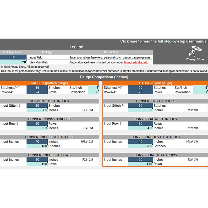 Crochet Gauge Converter spreadsheet showing pattern gauge and users gauge inputs.
