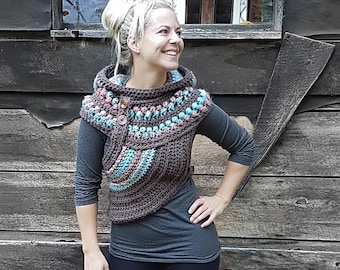 Crochet Hooded Vest Pattern: Asymmetrical Cross-Body Design with Textured Circular Yoke (PDF Download)