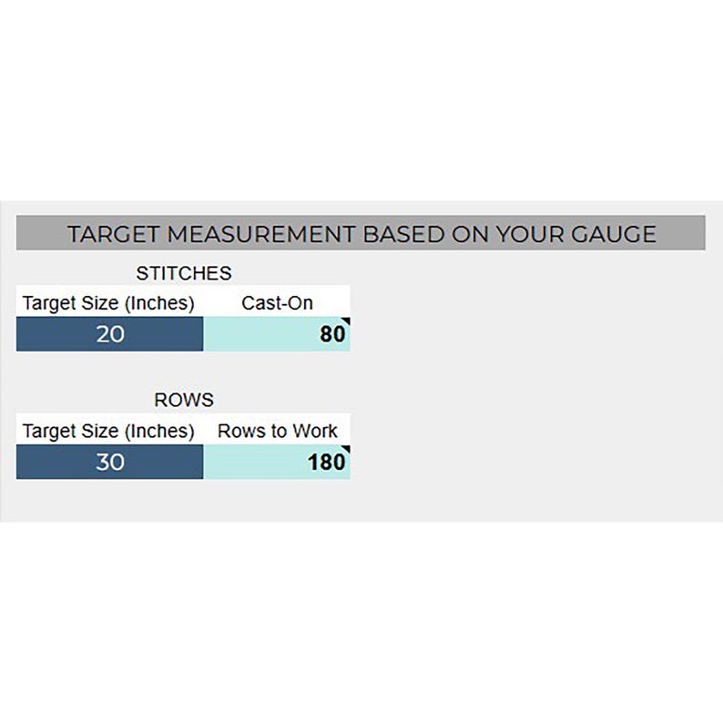 Crochet Gauge Converter spreadsheet showing target measurements based on gauge.