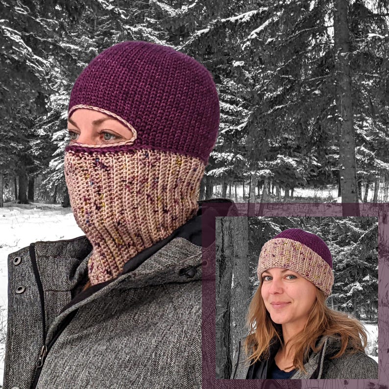A woman wearing a modern crochet convertible balaclava that can be worn as both a balaclava and hat in a purple and neutral colour palette, shown styled both as a full balaclava and a folded beanie; an original design by Poppy Shop.