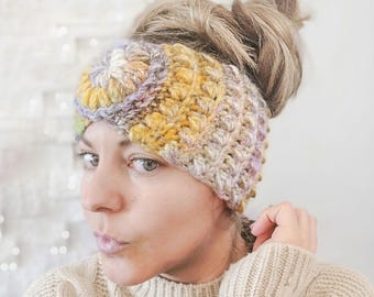 Patrón de crochet para calentador de orejas: Diseño de círculo central con punto abullonado (Descarga PDF)