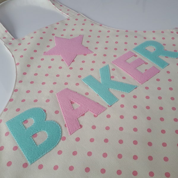 Children & Toddlers Star Baker Apron / Pink Spot with Mint and Pink Writing / Gift for Little Bakers