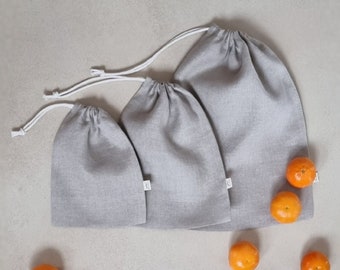 Linen drawstring bag, storage bag, reusable linen produce bag, natural linen bag, gray linen grocery bag, linen bread bag, linen veggie bags