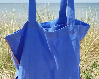 Linen tote bag, blue reversible linen tote bag, shopping bag, zero waste grocery bag, shopper tote bag, market bag, linen beach tote bag