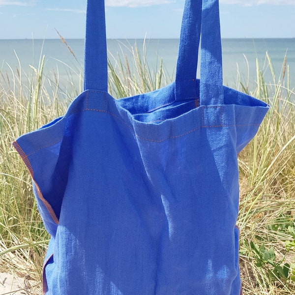 Tote bag en lin, sac fourre-tout en lin réversible bleu, sac à provisions, sac d’épicerie zéro déchet, sac fourre-tout shopper, sac de marché, sac fourre-tout de plage en lin