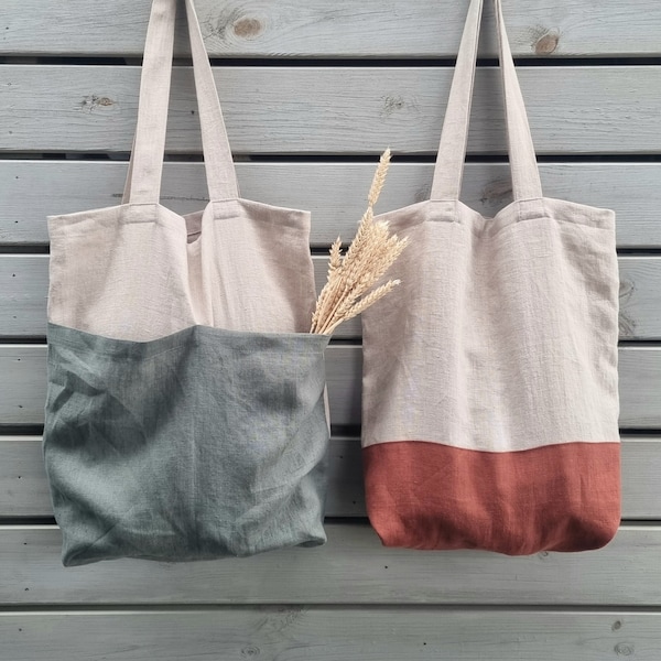 Borsa tote di lino, borsa tote a doppio fondo, borsa di lino grande, borsa della spesa riutilizzata, borsa della spesa, borsa tote shopper, borsa del mercato, borsa da spiaggia di lino