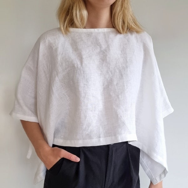 Linen cropped poncho, linen poncho, summer poncho top, linen boxy poncho, linen side ties poncho, cropped cover up poncho blouse for summer