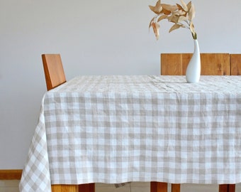 Gingham linen tablecloth, linen buffalo plaid tablecloth, gingham plaid natural linen tablecloth, plaid linen tablecloth, check tablecloth