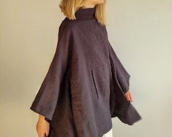 Linen cloak, linen mantle, linen poncho, turtleneck cape, linen shawl, wide turtleneck linen poncho, medieval mantle, linen shamanic cape