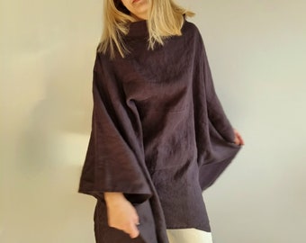 Linen cloak, linen mantle, linen poncho, turtleneck cape, linen shawl, wide turtleneck linen poncho, medieval mantle, linen shamanic cape