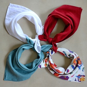 Linen bandana, square linen scarf, white blue red man woman bandana, floral linen neckerchief, linen kerchief, western bandana, dog bandana
