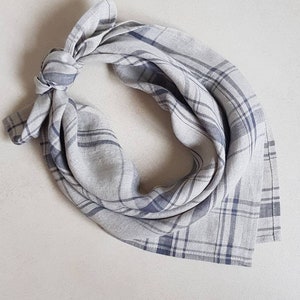 Plaid linen bandana, thin mens bandana, light linen neckerchief, gray plaid linen square scarf, linen neck kerchief, dog bandana, cravat