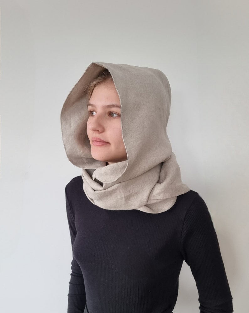 Halsduk med huva, oändlig halsduk med huva, halsduk med huva för kvinnor, unisex halsduk med huva, linnehalsduk med huva, linneaxelskydd, kappa med huva bild 2