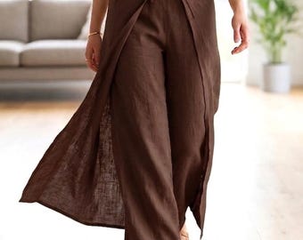 Pantalon portefeuille en lin, pantalon palazzo à jambes larges, pantalon d'été en lin pour femme, pantalon de plage ample en lin avec liens