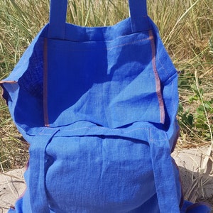Linen tote bag, blue reversible linen tote bag, shopping bag, zero waste grocery bag, shopper tote bag, market bag, linen beach tote bag image 5
