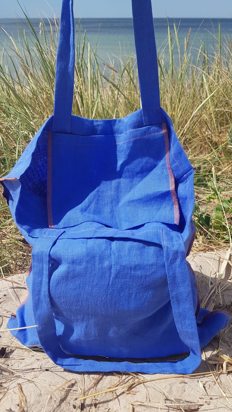 Linen tote bag, blue reversible linen tote bag, shopping bag, zero waste grocery bag, shopper tote bag, market bag, linen beach tote bag image 5