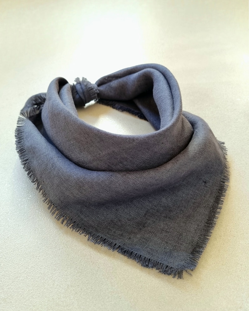May include: A dark gray bandana with a frayed edge. The bandana is folded in a triangular shape.