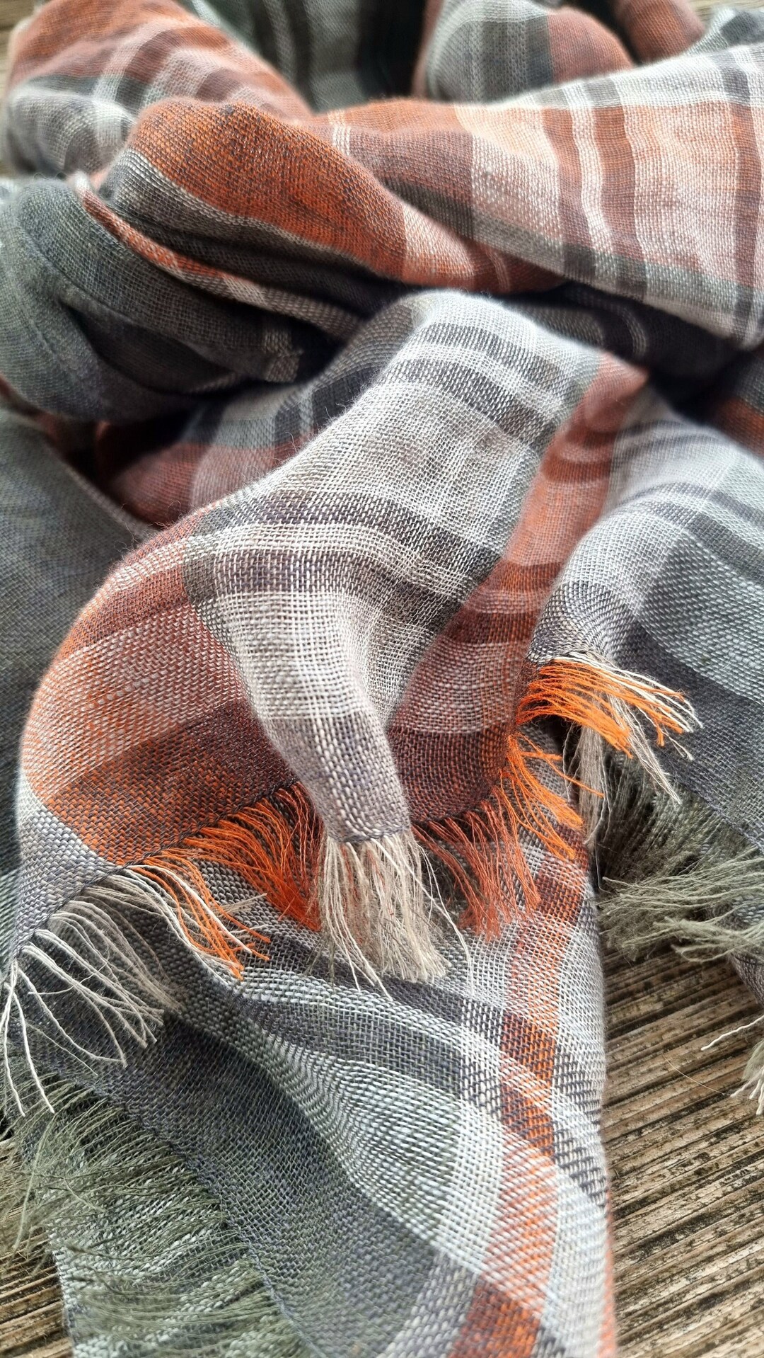 Linen Scarf, Square Headscarf, Women Lightweight Linen Scarf, Tartan