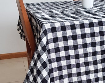 Gingham linen tablecloth, pure linen buffalo plaid tablecloth, gingham natural linen tablecloth, black plaid linen tablecloth, tablecloth