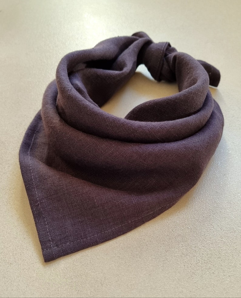 May include: A dark purple bandana made of a soft, textured fabric. The bandana is folded and tied in a knot at the top.