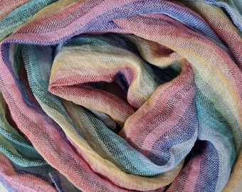 Rainbow linen scarf, men women unisex linen scarf, colorful linen scarf, multicolor linen scarf with fringe, rainbow striped linen scarf