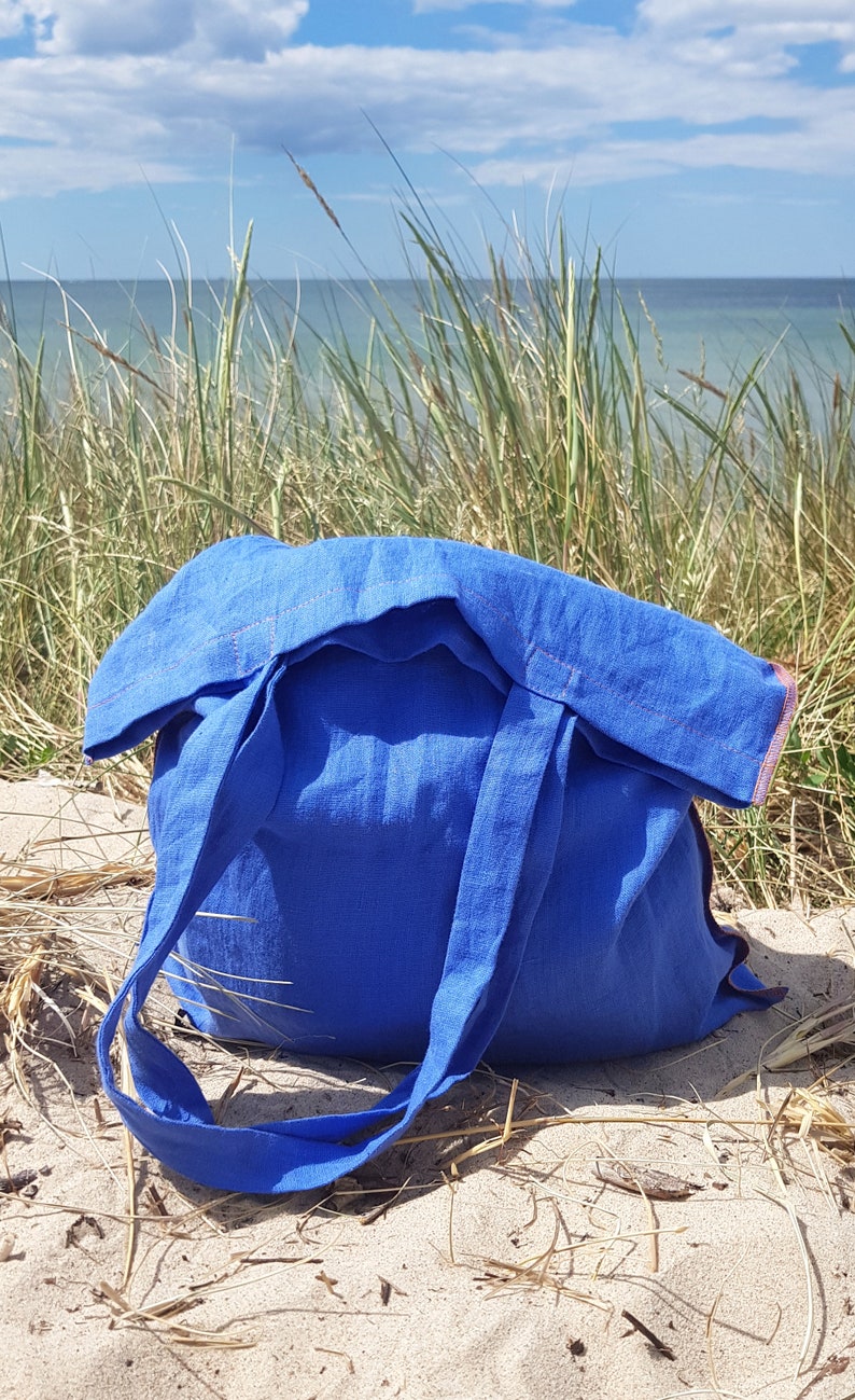 Linen tote bag, blue reversible linen tote bag, shopping bag, zero waste grocery bag, shopper tote bag, market bag, linen beach tote bag image 3