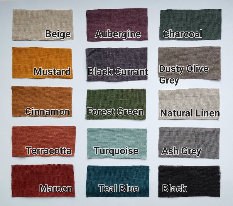 May include: Swatch card with 15 fabric samples in various colors, including beige, aubergine, charcoal, mustard, black currant, dusty olive grey, cinnamon, forest green, natural linen, terracotta, turquoise, ash grey, maroon, teal blue, and black.