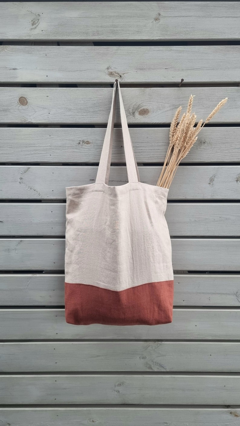 Linen tote bag, double bottom tote bag, large linen bag, reuse shopping bag, grocery bag, shopper tote bag, market bag, linen beach bag image 10