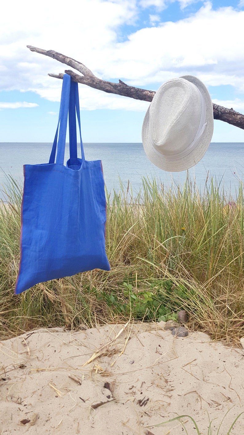 Linen tote bag, blue reversible linen tote bag, shopping bag, zero waste grocery bag, shopper tote bag, market bag, linen beach tote bag image 4