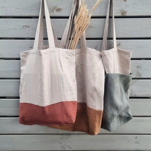 Linen tote bag, double bottom tote bag, large linen bag, reuse shopping bag, grocery bag, shopper tote bag, market bag, linen beach bag image 2