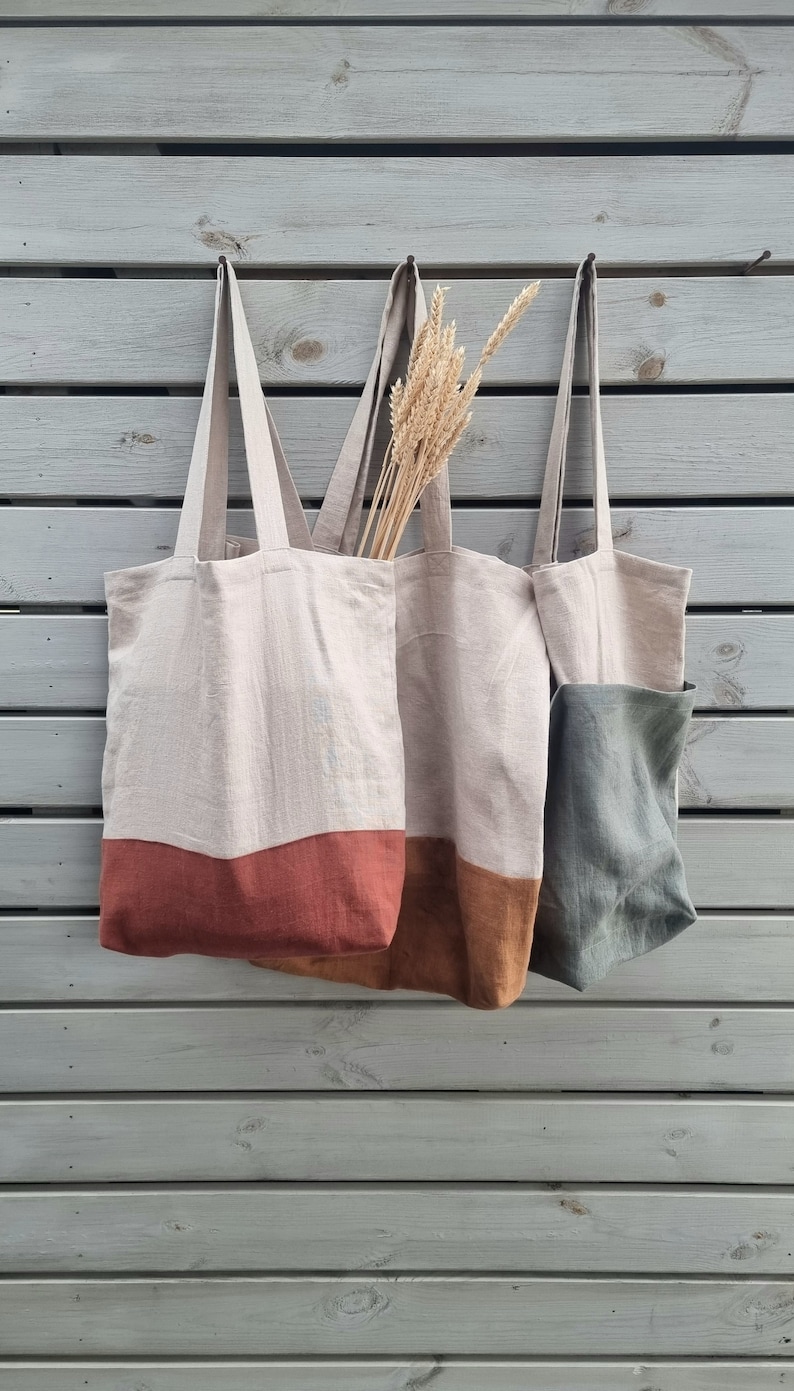 Linen tote bag, double bottom tote bag, large linen bag, reuse shopping bag, grocery bag, shopper tote bag, market bag, linen beach bag image 2
