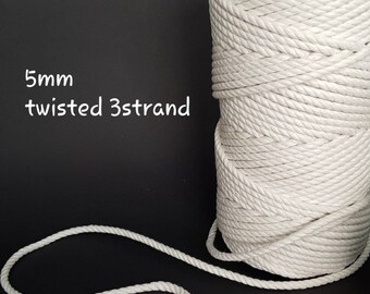 3/16" or 5 mm twisted natural cotton cord, 3 strand unbleached cotton rope, cream cotton cord, DIY project natural drawstring, macrame cord