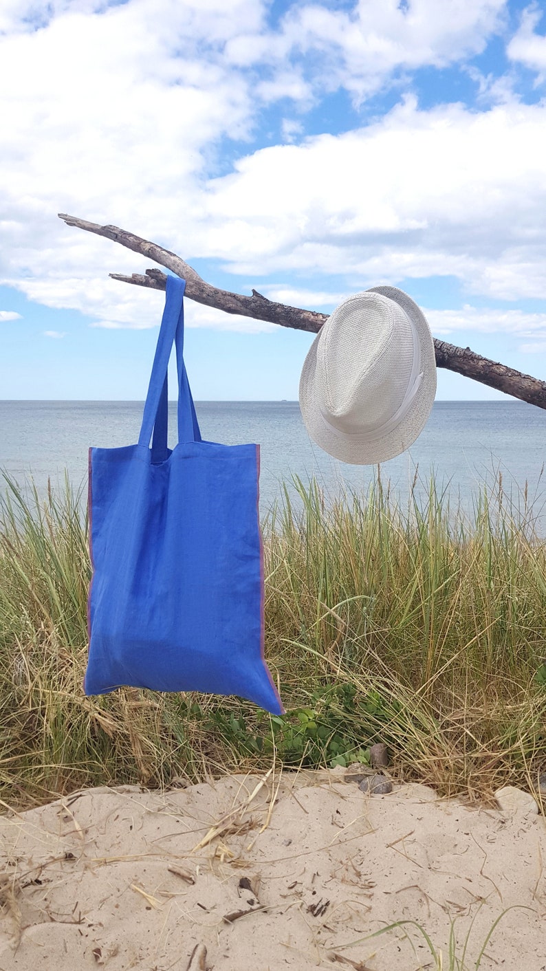 Linen tote bag, blue reversible linen tote bag, shopping bag, zero waste grocery bag, shopper tote bag, market bag, linen beach tote bag image 2