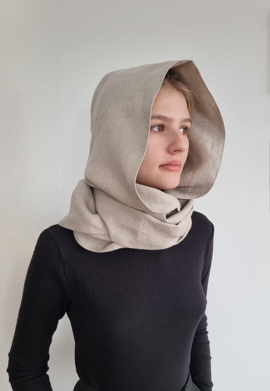 Hooded Linen Scarf, Infinity Scarf With Hood, Cowl Scarf, Hooded Round