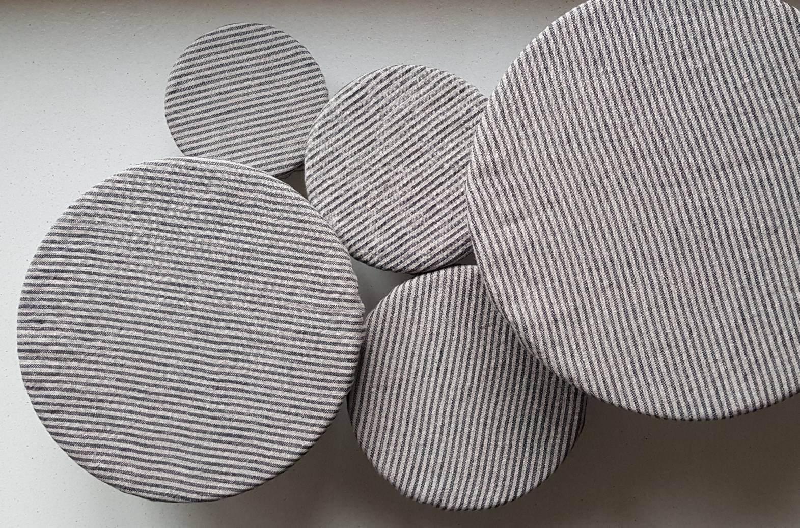 Linen Bowl Cover 3 Piece Assorted Set: Grey White Stripe