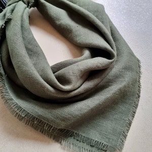 May include: A green bandana with frayed edges. The bandana is folded and tied in a knot.