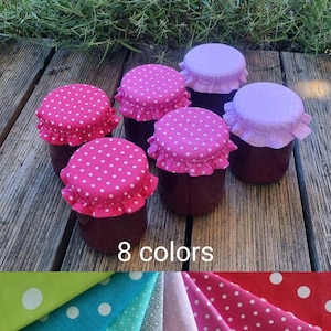Reusable fabric jar covers, cotton jar covers, wedding favor fabric jam jar covers, reversible canvas cloth fabric glass jar cover top